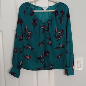 Nine West Teal Floral Print Vneck Women's Top